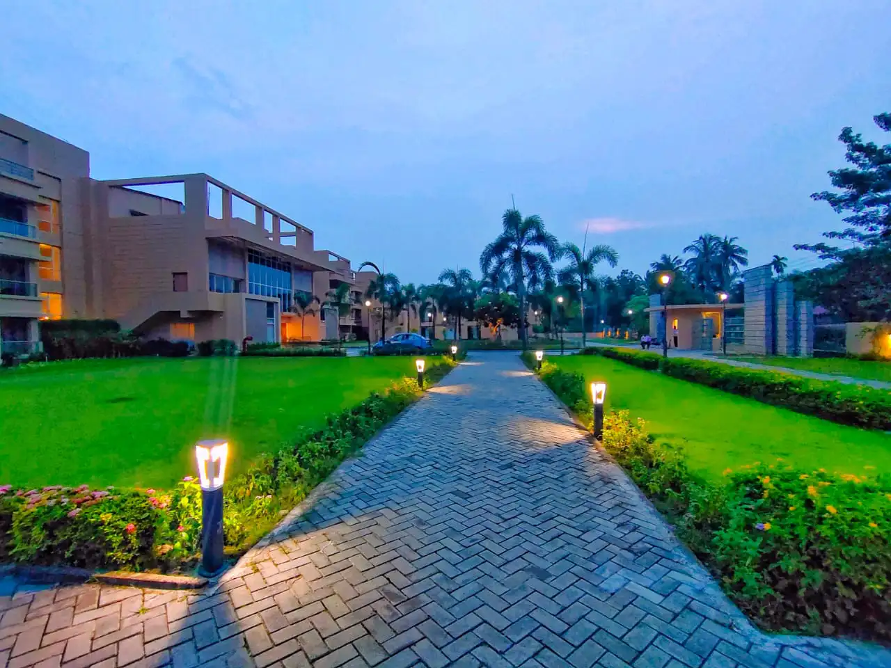 Lantern-lit garden walkway after dark